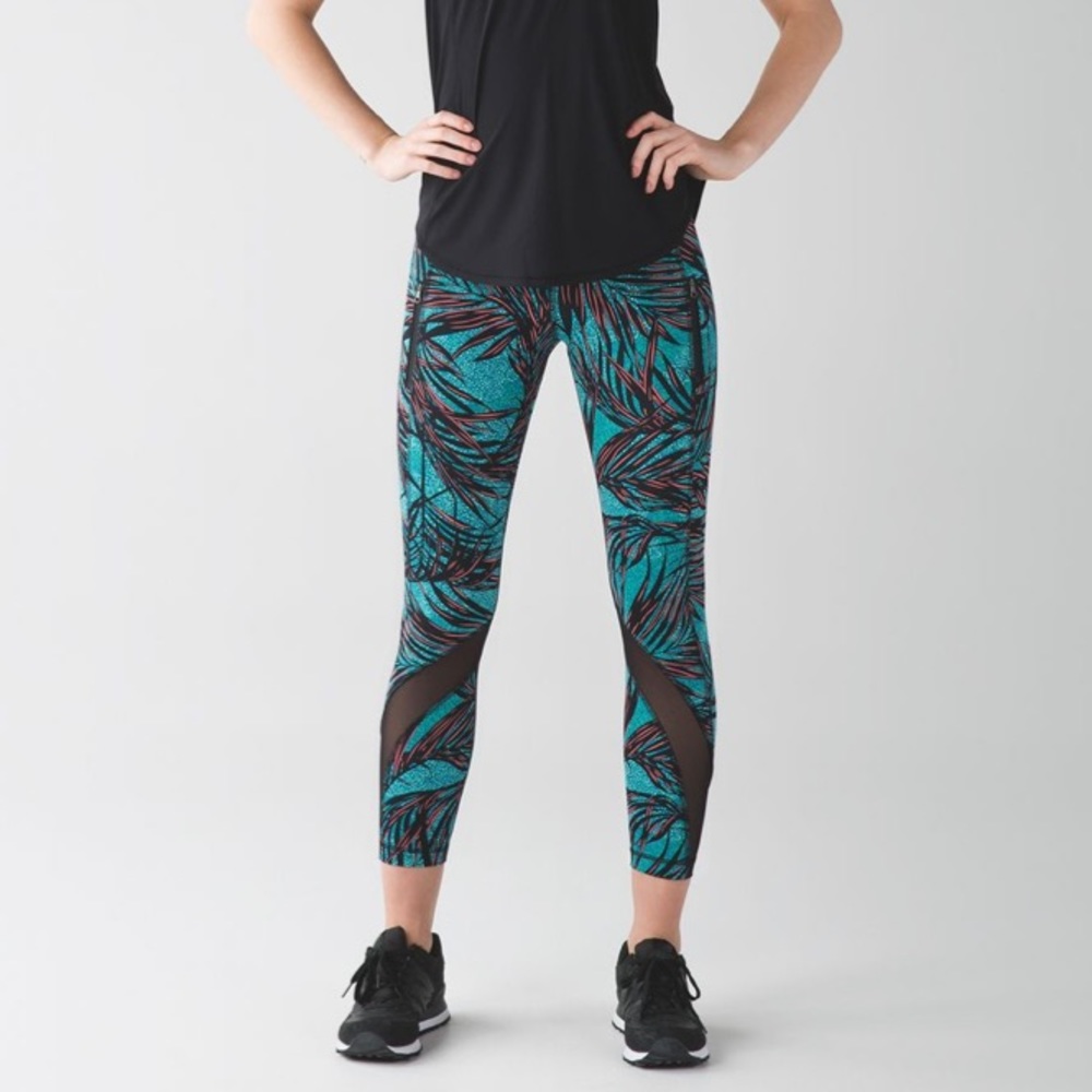 💪LULULEMON Inspire Tight II Mesh 7/8 Palm Lace Tofino Teal Multi 10 Like New